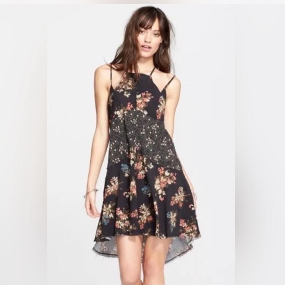 Free People Floral  Print Halter Mini Dress Boho Raw Edge Sleeveless Black S